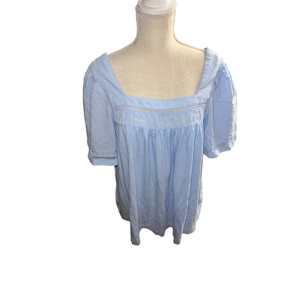 Elie Tahari Woman Blue Square Neck Ladder Lace Pintuck Blouse 2X Short Sleeve
